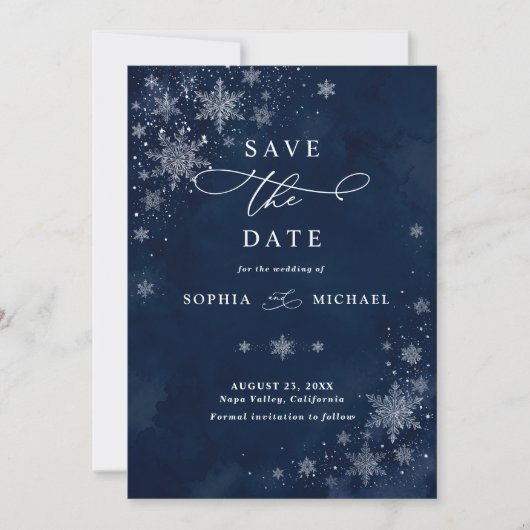 ミッドナイトスノーフレークス 結婚式 Save The Date 招待状 (正面)