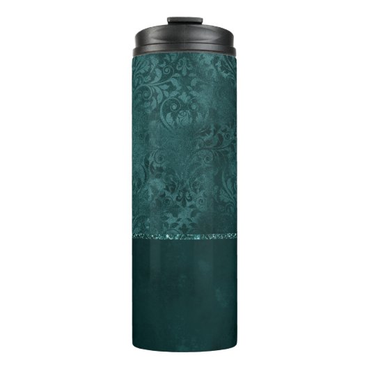 ミッドナイトティール(緑がかった色)ロマンス | Dark Satiny グランジ Damask タンブラー (正面)