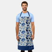 ミッドナイトデルフトガーデンヴィンテージボタニックブルー エプロン (着用した状態)