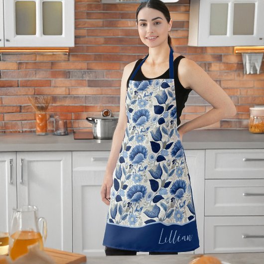 ミッドナイトデルフトガーデンヴィンテージボタニックブルー エプロン