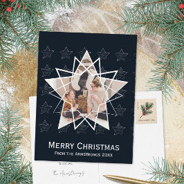 ミッドナイトネイビーの幾何学スター モダンなクリスマス 箔シーズンポストカード
