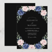 ミッドナイトネイビーの芍薬の結婚式 招待状 (正面/裏面)