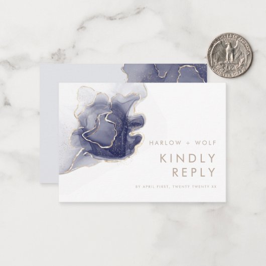 ミッドナイトネイビーエレガント金ゴールドモダンウェディングRSVP ノートカード (正面/裏面インサイチュ)