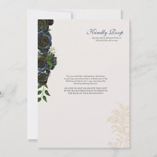 ミッドナイトネイビーブルーバラファンシーシャルロキンセアニェラ 招待状 (裏面)