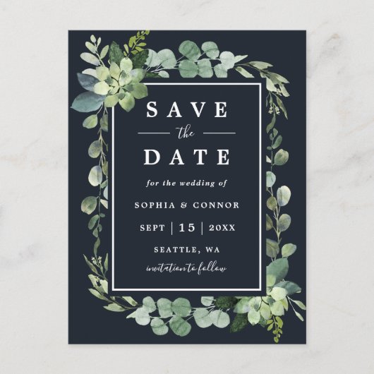 ミッドナイトネイビーブルー多肉性の結婚式の日付を保存 案内ポストカード (正面)