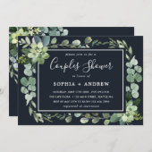 ミッドナイトネイビーブルー多肉性カップルのシャワー 招待状 (正面/裏面)