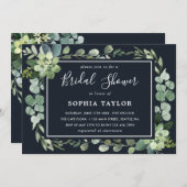 ミッドナイトネイビーブルー多肉性ブライダルシャワー 招待状 (正面/裏面)