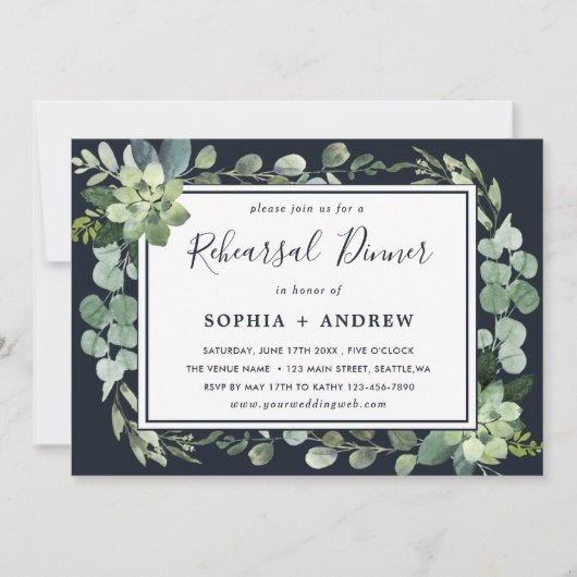 ミッドナイトネイビーブルー多肉性リハーサルディナー 招待状 (正面)