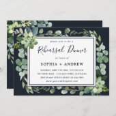 ミッドナイトネイビーブルー多肉性リハーサルディナー 招待状 (正面/裏面)