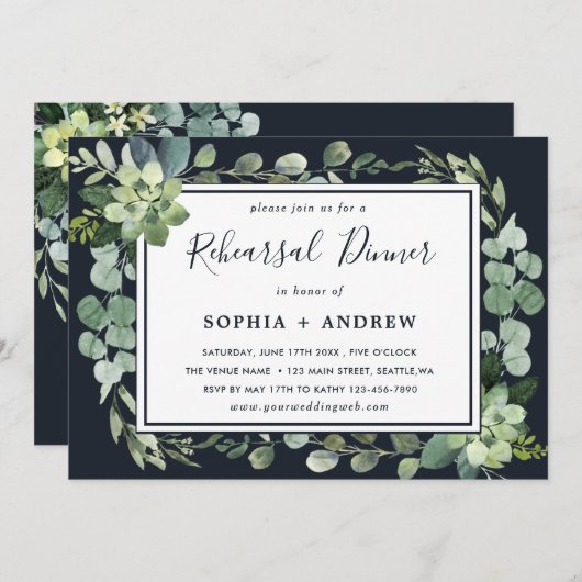 ミッドナイトネイビーブルー多肉性リハーサルディナー 招待状 (正面/裏面)