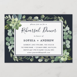 ミッドナイトネイビーブルー多肉性リハーサルディナー 招待状