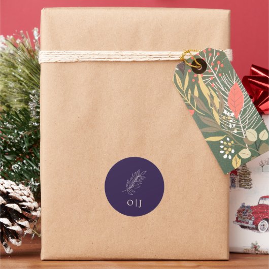 ミッドナイトパープルの植物モノグラム ウェディング ラウンドシール (クリスマス)