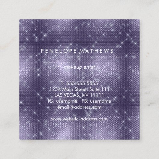 ミッドナイトパープルスパークル美しいスタイリスト スクエア名刺 (裏面)