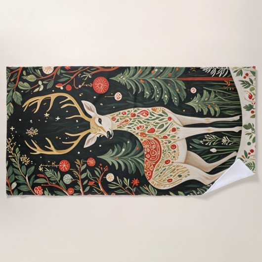 ミッドナイトフォレストクリスマスディアー ビーチタオル (正面)