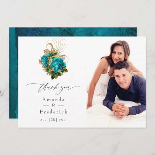 ミッドナイトフォレストファンタジーターコイズと金ゴールド結婚ズ サンキューカード (正面/裏面)