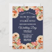 ミッドナイトブルーとオレンジの花のウェディング 招待状 (正面)