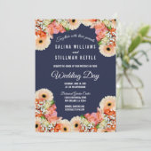 ミッドナイトブルーとオレンジの花のウェディング 招待状 (スタンド正面)