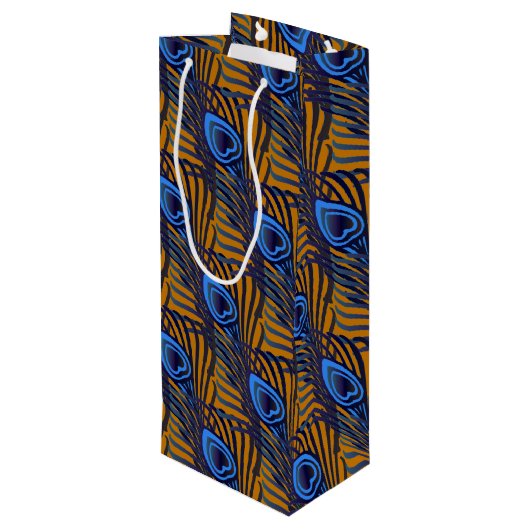 ミッドナイトブルーとオレンジピーコックの羽毛パターン ワインギフトバッグ (裏面アングル)