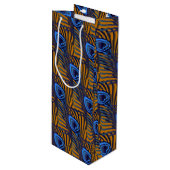ミッドナイトブルーとオレンジピーコックの羽毛パターン ワインギフトバッグ (正面アングル)