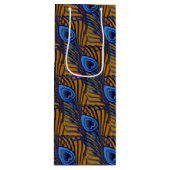 ミッドナイトブルーとオレンジピーコックの羽毛パターン ワインギフトバッグ (正面)