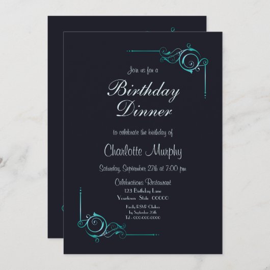 ミッドナイトブルーとターコイズ誕生日ディナー招待状 招待状 (正面/裏面)