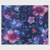 ミッドナイトブルーとピンクの花 ラッピングペーパー (フラット)