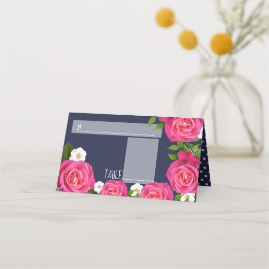 ミッドナイトブルーとピンク結婚ローズ プレイスカード (正面)