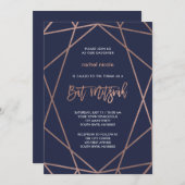 ミッドナイトブルーとローズゴールドの幾何学的なバット・ミッツヴァー 招待状 (正面/裏面)