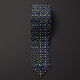 ミッドナイトブルーと金ゴールドアールデコ ネクタイ