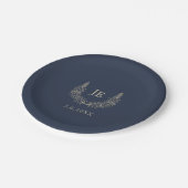 ミッドナイトブルーと金ゴールド結婚イニシャル ペーパープレート (アングル)