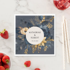 ミッドナイトブルーと金ゴールド結婚フローラの紙 スタンダードランチョンナプキン