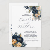 ミッドナイトブルーと金ゴールド結婚フローラ 招待状 (正面/裏面)