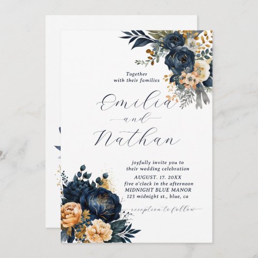 ミッドナイトブルーと金ゴールド結婚フローラ 招待状 (正面/裏面)