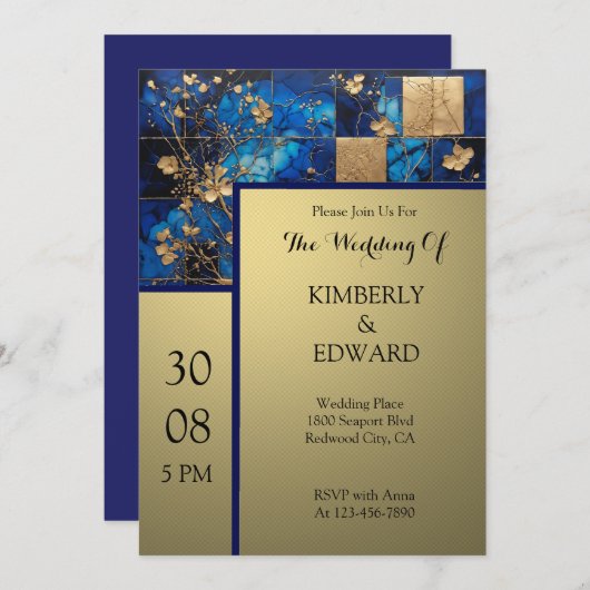ミッドナイトブルーに咲くゴールドの花 招待状 (正面/裏面)