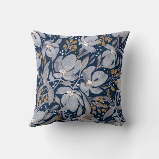 ミッドナイトブルーのスタンドアウトシルバーと金ゴールドフローラ クッション (裏面)