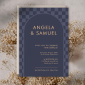 ミッドナイトブルーのチェック柄モダンウェディング 招待状