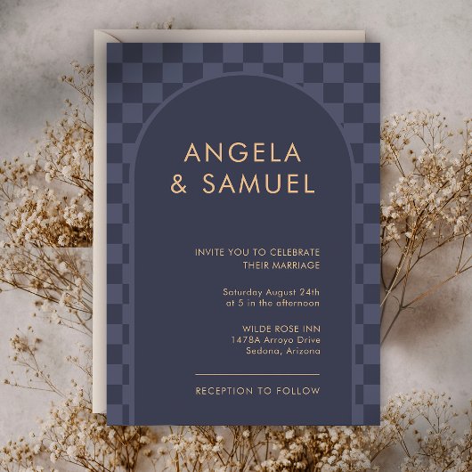 ミッドナイトブルーのチェック柄モダンウェディング 招待状