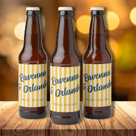 ミッドナイトブルーのレトロな淡いピーチストライプの結婚式 ビールラベル