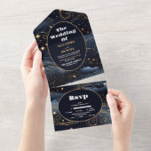 ミッドナイトブルーの星と月の結婚式 オールインワン招待状 (貼ってはがせる)