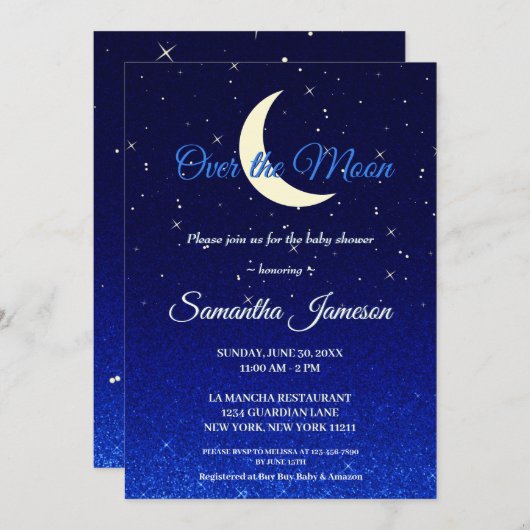 ミッドナイトブルーの月の赤ちゃんシャワー 招待状 (正面/裏面)