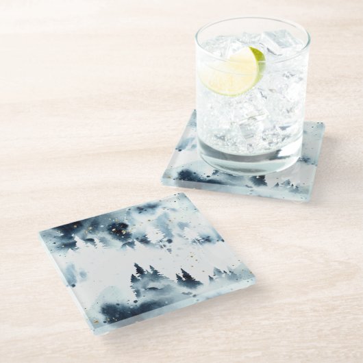ミッドナイトブルーの森の水の色パターン ガラスコースター (アングル)
