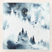 ミッドナイトブルーの森の水の色パターン ガラスコースター (正面)