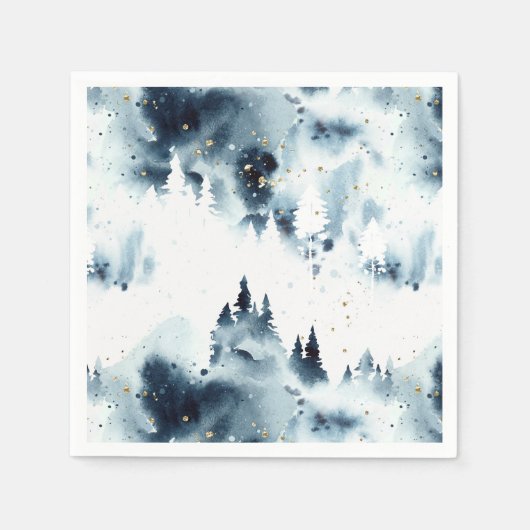 ミッドナイトブルーの森の水の色パターン スタンダードカクテルナプキン (正面)