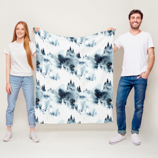 ミッドナイトブルーの森の水の色パターン フリースブランケット (インサイチュ)