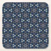 ミッドナイトブルーの花パターン スクエアペーパーコースター (正面)