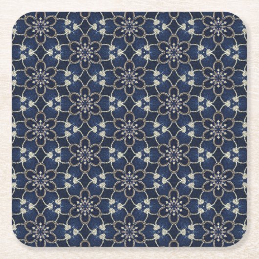 ミッドナイトブルーの花パターン スクエアペーパーコースター (正面)
