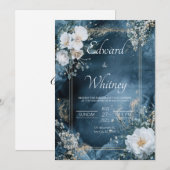 ミッドナイトブルーの花嫁がゴールドフレームに飾られた天の結婚式 招待状 (正面/裏面)