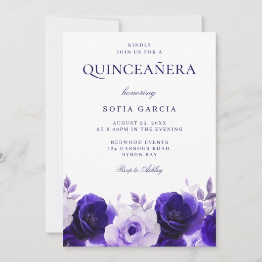 ミッドナイトブルーエレガントネイビーバラキンセアニェラパーティー 招待状 (正面)