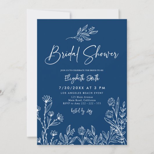 ミッドナイトブルーエレガントモダンシンプルブライダルシャワー 招待状 (正面)