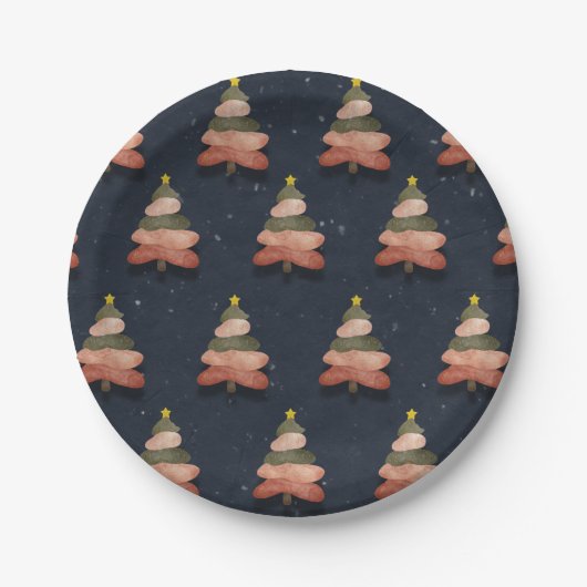 ミッドナイトブルークリスマスツリーパターン（小） ペーパープレート (正面)